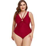 Custom New Plus Size Solid One Piece Bikini Beach wear V Neck Ring Chain Swimsuit Fat Women Fitness Swimwear