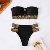 Design Hot Selling Solid Sexy Two Piece Bikini Beachwear Bandeau Ring Chain High Waist Swimsuit Women Swimwear